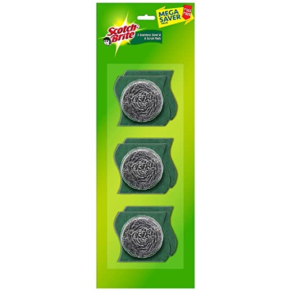 Scotch-Brite Stainless Steel Scrub - Pack of 3 ( 3X 15g Steel +Free 3 scrub pads 3"X3")