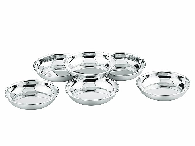 Neelam Stainless Steel 5, 22 Gauge, PRM Small Halwa Plate, 9.8 cm, Set of 6, Snacks Plate, Dessert Plates, Multipurpose Plate for Kitchen, Side Dish, Quarter Plates, Easy to Maintain, Sliver