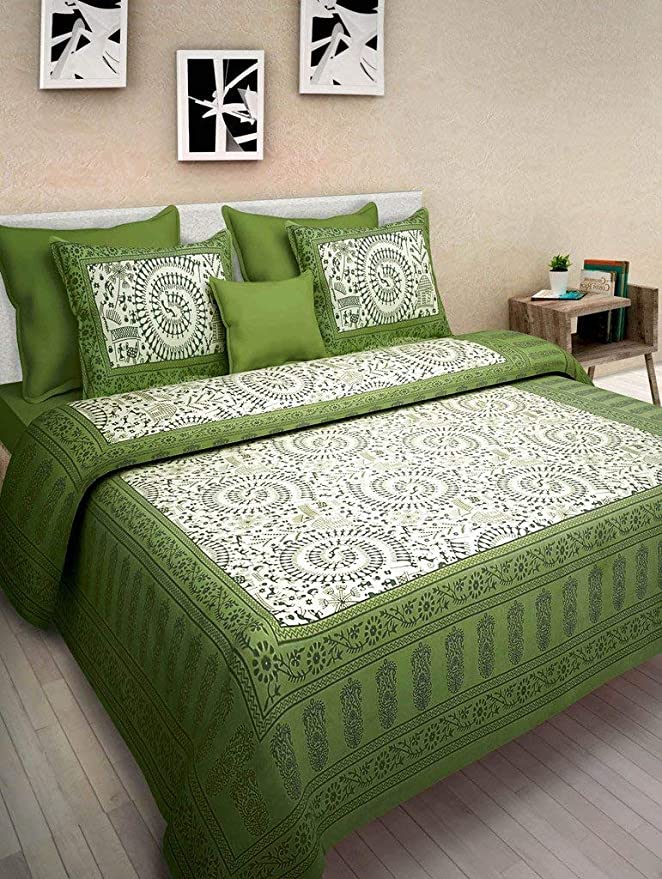 BedZone Cotton Comfort Rajasthani Jaipuri Traditional Double Bed Bedsheet with 2 Pillow Covers (King Size , Green)