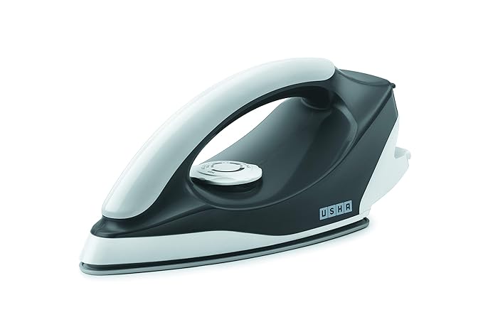 USHA Plastic Usha Aurora 1000Watt Dry Iron with Innovative Tail Light Indicator|Black Non Stick Soleplate for Longer Durability|Overheat Safety Shutoff|2 Years Warranty|(Grey & White),1000 Watts