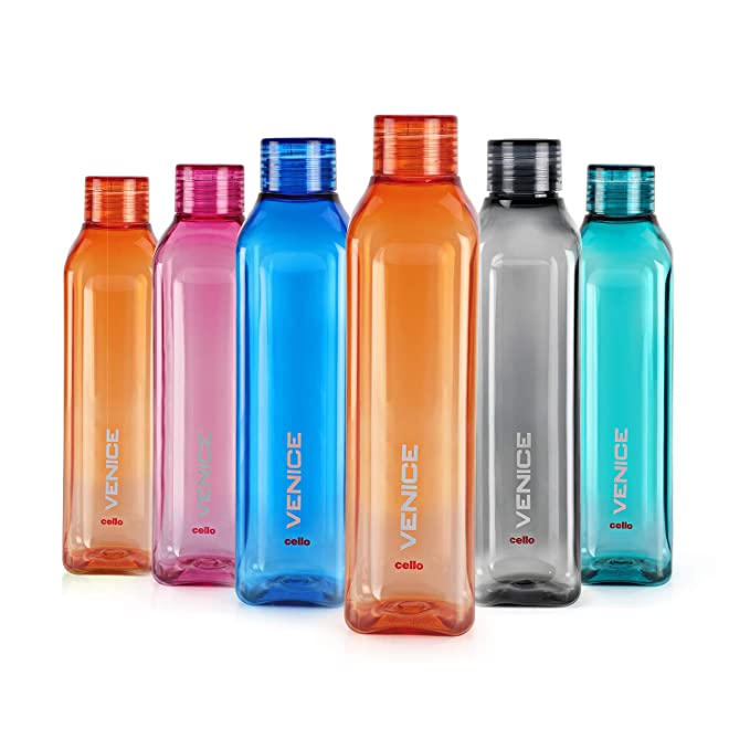 Cello Venice Water Bottles Set of 6, 1000ml Each | Unbreakable, BPA-Free, Food Grade Bottle For Kitchen| Airtight & Leakproof Lid| Reusable Set of Fridge Plastic Bottles for Home, Office, Gym, Gifting