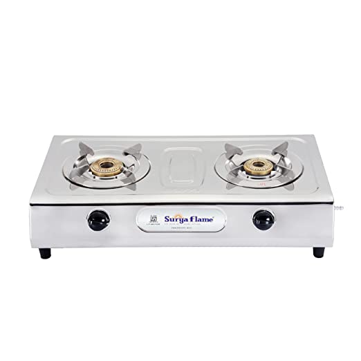 Suryaflame Gas Stove 2 Burners Stainless Steel 2B Ultimate SS NA (ISI Marked, CE Certified) and Doorstep Service - Silver
