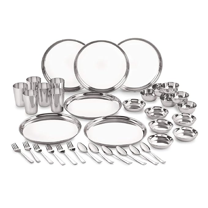 Neelam Stainless Steel Dinner Set Shagun | Occasions- Anniversory, Wedding, Houseworming Party |Sets of Plates, Glasses, Vatis/Bowls, Spoons & Other Essetials Ideal for Gifting.