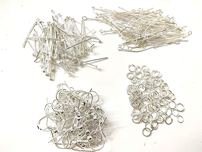 Combo of Jewellery Making Kit of Head pins, Eyepins, Jump Rings, Ear Hooks Clasps Pack of 100 Each (Silver)