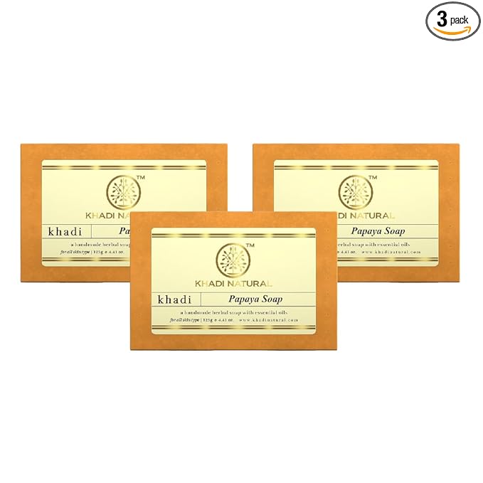Khadi Natural Papaya Handmade Soap| Herbal Soap for tan removal| Handmade bathing soap| Suitable for all skin types|Pack of 3 (125gm*3) (375gm)