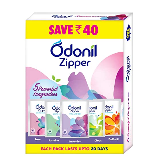 Odonil Bathroom Air Freshener Zipper Mix - 50g (10gx5) | Assorted Pack | Instant & Long Lasting Fragrance | Lasts upto 30 days | Germ Protection | Air Freshener for Bathroom, Toilet, Home & Office