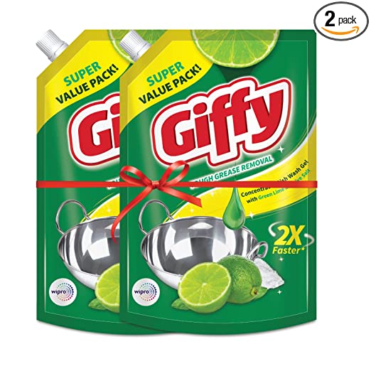 Giffy Green Lime & Active Salt Concentrated Dish Wash Gel by Wipro, 900 ml (Pack of 2)
