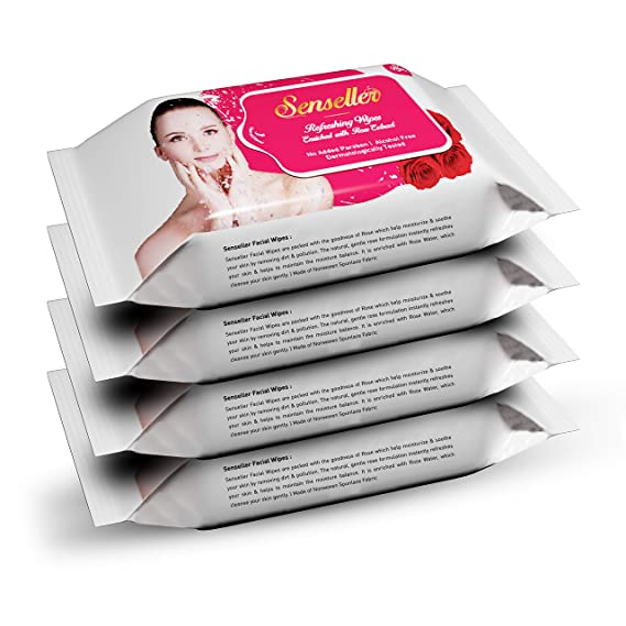 Senseller Refreshing Facial Wet Wipes, Enriched with Rose Extract- 30 Wipes (Pack of 4)