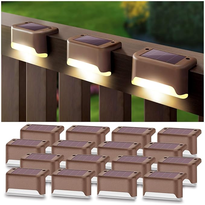 DenicMic Solar Deck Lights 16 Pack for Fence Post, Patio, Pool, Stairs, Step and Pathway - Weatherproof LED Outdoor Lights (Warm White) E26, 0.12W