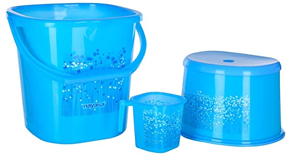 Nayasa Plastic Square Funk Bucket Matching Funk Mug and Matching Stool/Patla Set of 3 by Bansal Group (Blue)