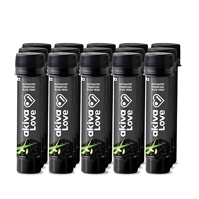 Activated Charcoal Health Shots with Aloe Vera for Detox and Digestion, 600ml (15 Shots x 40ml) - Ready to Drink Shots by Akiva Superfoods