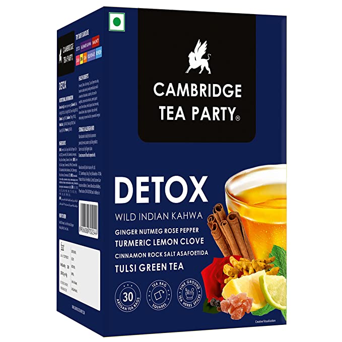 Cambridge Tea Party Detox 30 Tea Bags, Wild Indian Kahwa, Turmeric Ginger Rose Lemon Clove Rock Salt Tulsi Green Tea (immunity booster with natural vitamins, cleanse, cold relief, weight loss, slim, digestion)