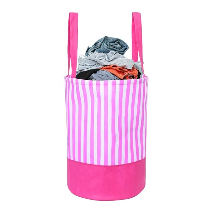 PrettyKrafts Folding Cloth Laundry Hamper with Handles - Dirty Clothes Sorter - Easy Storage (70 LTR) - Collapsible - Brown (Peach Stripes)