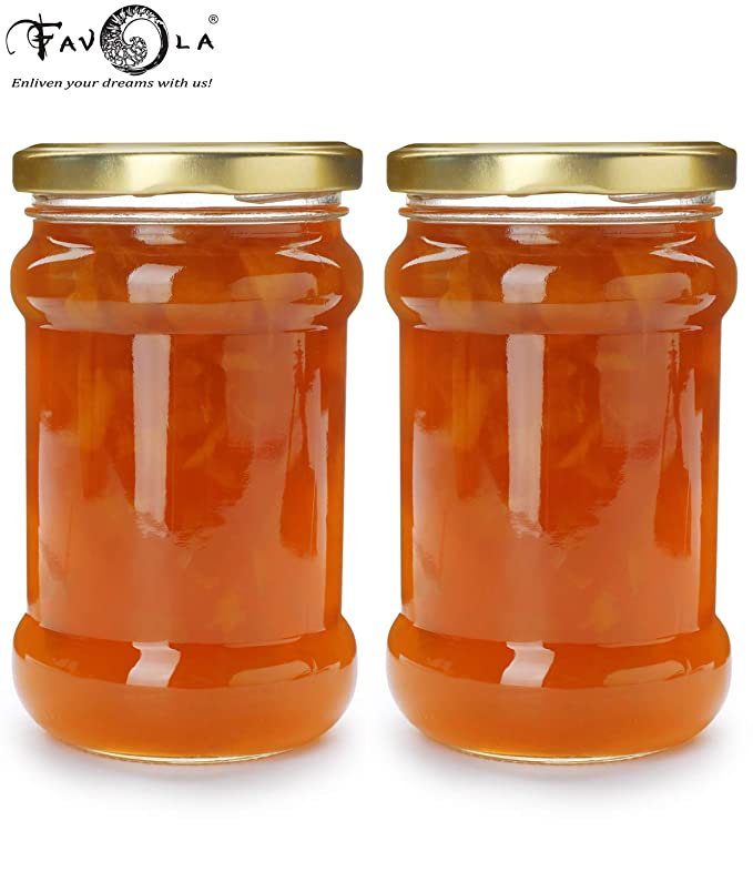 Favola Essentials Round Lug Glass Jar, Gold Lid, 200 ml, Set of 2, Clear