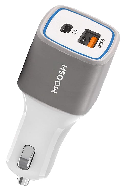 MOOSH Car Charger Smart Power Type C Power Delivery (PD) 18W & Quick Charger QC 3.0 Dual USB Port Car Charger/Adapter with LED (White)