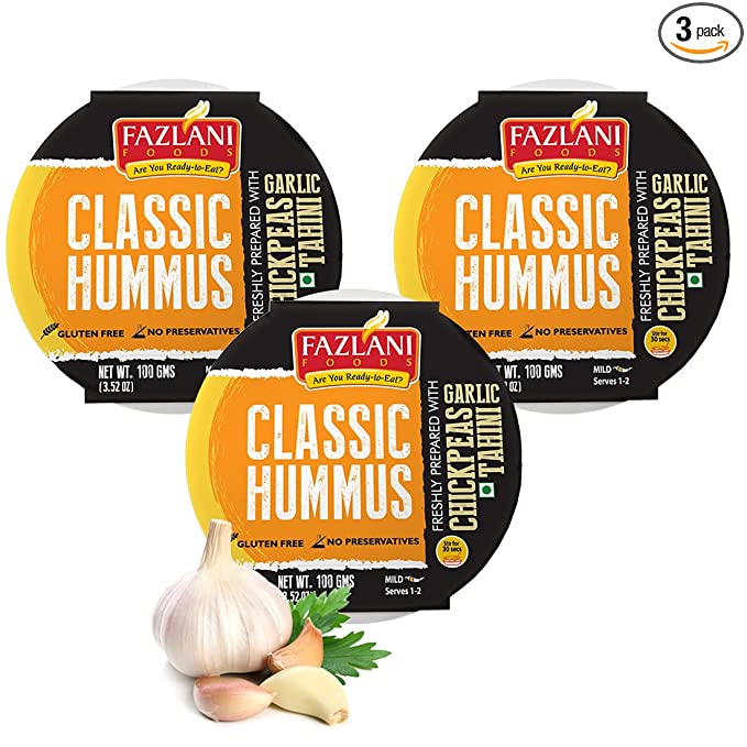 Fazlani Foods Ready to Eat Exotic Classic Hummus Dip - Pack of 3 (100 Grams Each, Serves 1 to 2 Each) | Healthy, Tasty, Creamy and Delicious Spread Made of Chick Peas & Tahini
