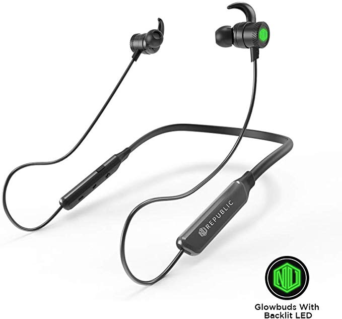Nu Republic Rebop Neckband in-Ear Wireless Earphones with LED Light, IPX5 Water and Sweat Resistant, 10mm Titanium Drivers with deep bass, Long Battery Life, in-line Controls with Mic- Green & Black
