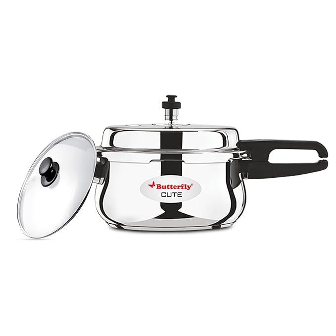Butterfly Cute Ss Induction Compatible Outer Lid Stainless Steel Pressure Cooker With Glass Lid 5.5 liter, Silver