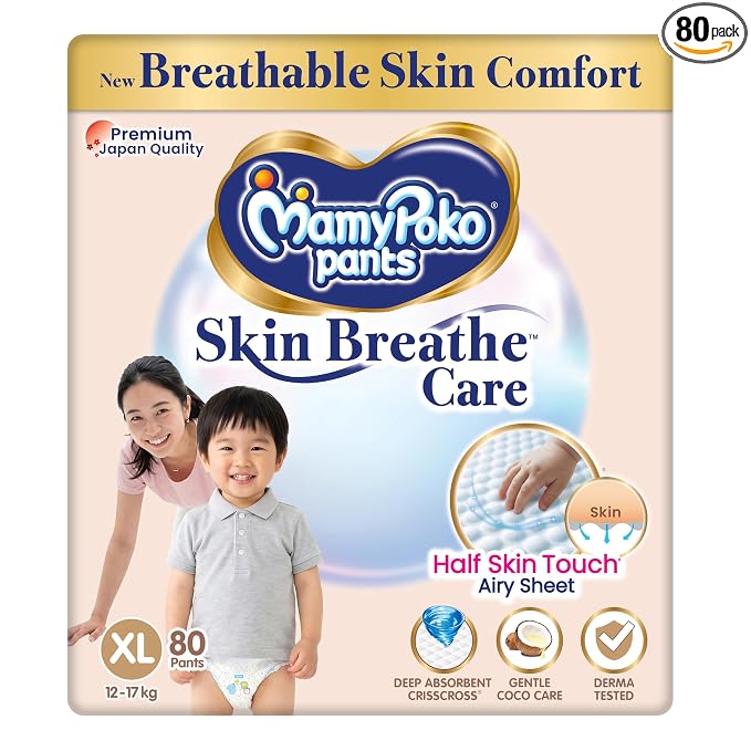 MamyPoko Pants Skin Breathe Care | Baby Diapers Extra Large Size (XL) | 80 Count | 12-17Kgs | Half Skin Touch Airy Sheet | 3X Breathable | Derma Tested