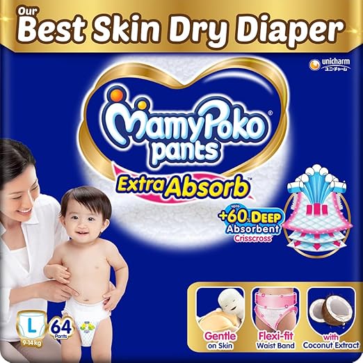 MamyPoko Pants Extra Absorb Baby Diapers, Large (L size) | 9-14 kg | 64 Count |Deep Sleep Diapers| Soft gentle fit |Deep Absorbent Crisscross | skin friendly with coconut oil |