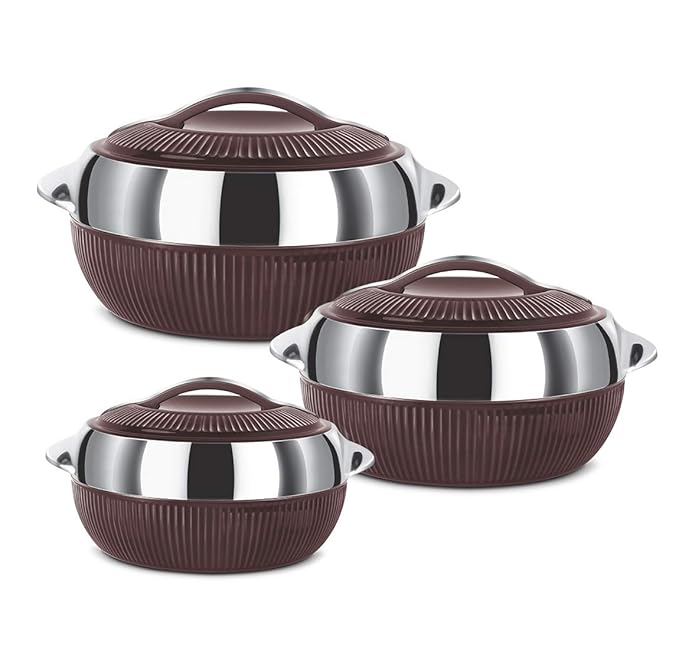 MILTON Fiesta Insulated Casserole (Brown, Set Of 3, Inner Stainless Steel), 450 Ml
