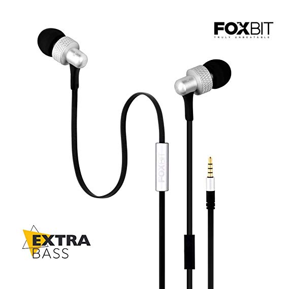 Foxbit™ FX500 in-Ear Super Explosive Bass Wired Metal Headphones with in-Built Microphone Featuring Active Noise Cancellation - Tangle Free Cord (Silver)