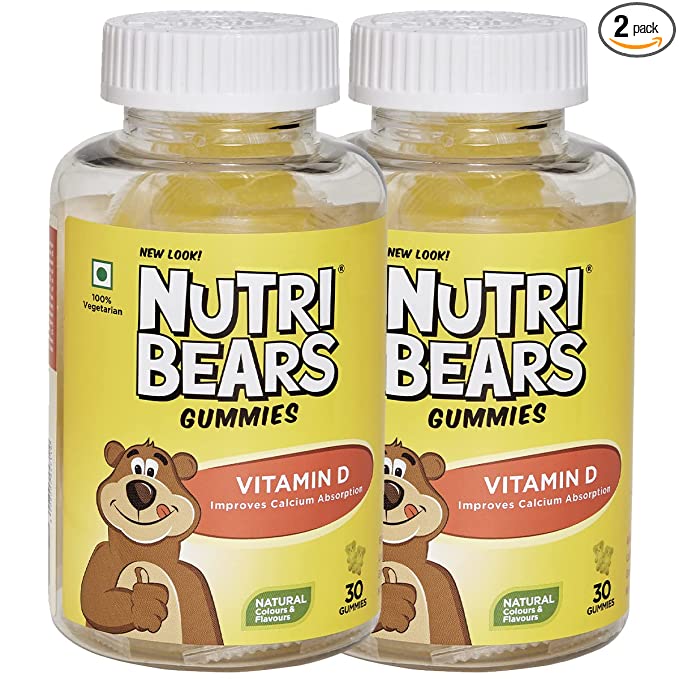 NutriBears Vitamin D Gummies for Kids and Teens, Pack of 2, Promotes Positive Mood and Enhances Calcium Absorption, 60 Count (Lemonade Flavour)
