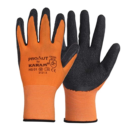 Karam HS01 Safety Gloves for Mechanical Hazards | Safety Work Gloves with Orange Liner with Black Crinkle Latex | Cut Resistant | Abrasion, Tear & Puncture Resistant | Size-M