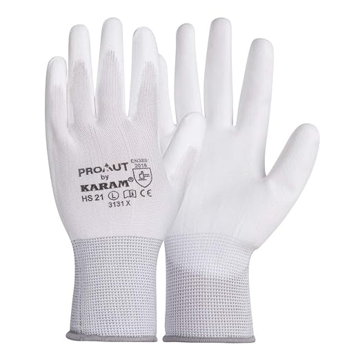 KARAM ProKut Multi Purpose White Polyester with White PU Coating Glove| HS21 | Size - M