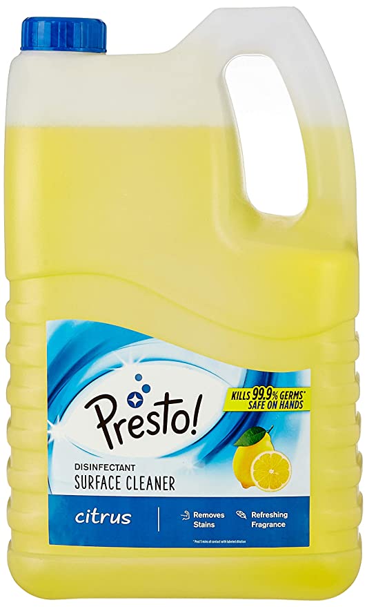 Amazon Brand - Presto! Disinfectant Surface & Floor Cleaner | Citrus | 5 Litre | Kills 99.9% Germs | Suitable For Floor & Bathroom Surfaces Like Ceramic, Marble, Granite, Mosaic
