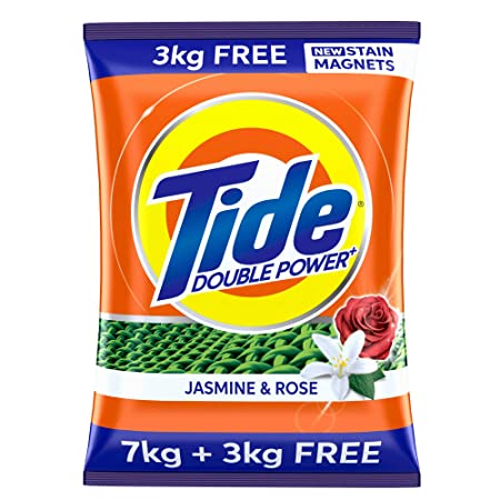 Tide Plus Detergent Washing Powder 10kg (7+3kg free), Tide Jasmine & Rose Fragrance, Removes Oil & Gravy Stains, Detergent Powder with Stain Magnets, Pack of 1