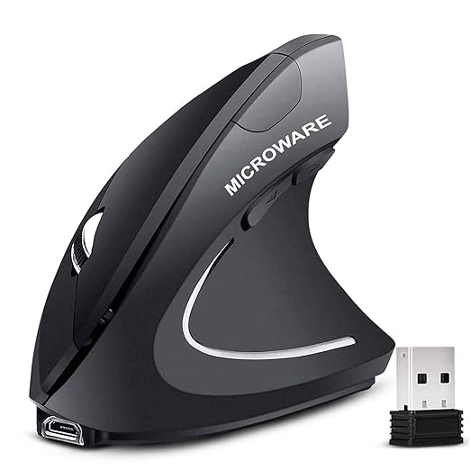 MICROWARE Rechargeable 2.4ghz Wireless Vertical Ergonomic Mouse 800-1600 Dpi Optical Mouse 6 Buttons and Portable Office Gaming Cordless Mice with A USB Receiver for Pc Computer Laptop for Right Hand