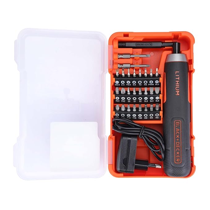 BLACK+DECKER BD40K27 4V 6.35mm Li-ion Cordless Screwdriver with E-Clutch and Intelligent Torque System with 2 LED Worklights & 27-Piece Accessories for Home & DIY Use, 1 Year Warranty, ORANGE & BLACK