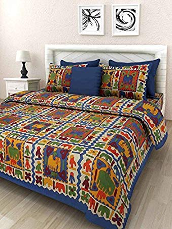 UHF Handloom Design Rajasthani Print Cotton Double Bedsheet with 2 Pillow Covers Bed Cover Bedding Set Multi Color