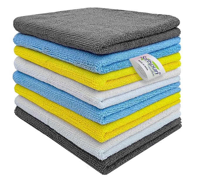 SOFTSPUN Microfiber Basic Cleaning Cloths, 8 pcs 30x40cms 280GSM Multi-Color Highly Absorbent, Lint and Streak Free, Multi - Purpose Wash Cloth for Kitchen, Car, Window, Stainless Steel