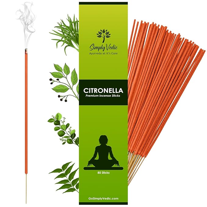 Simply Vedic Citronella Incense Sticks 200g Pack  -  80 Handmade Agarbatti | Natural Botanical Oils for Aromatherapy, Stress Relief, Relaxation & Sleep | Indoor Outdoor Use