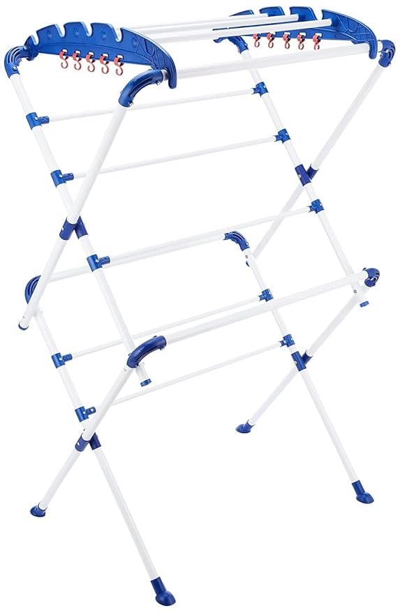 Happer Premium Clothes Stand for Drying |Foldable Portable |2 Layer Rack for Balcony |13 Hanger Rods and 10 Additional Hooks |Anti Rust Steel Metal (White Blue | Sumo)