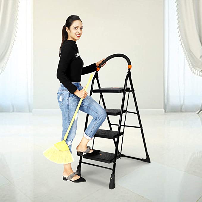Happer Premium PVC Foldable 4 Steps Ladder Clamber (Black & Orange)