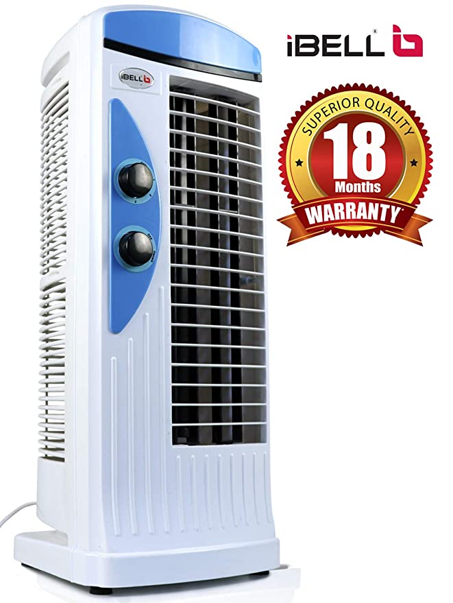 iBELL PLATINUM Tower Fan with 25 Feet Air Delivery, 4-Way Air Flow, High Speed,Anti Rust Body (White and Blue)