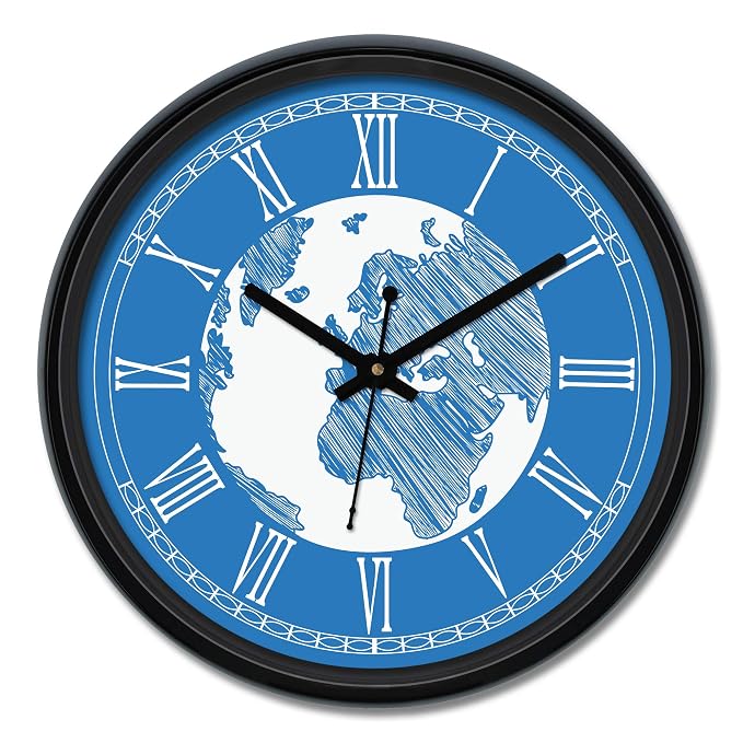 Amazon Brand - Solimo Globetrotter Engineered Wood Wall Clock - (12-inch, Black, Silent Movement)