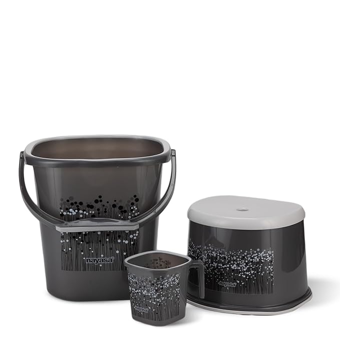 Nayasa Funk Square 3 Pcs Bathroom Set | Bucket 25 L + Mug 1.5 L + 508 Stool | Bathroom Set | Bath Set for Bathroom | Black
