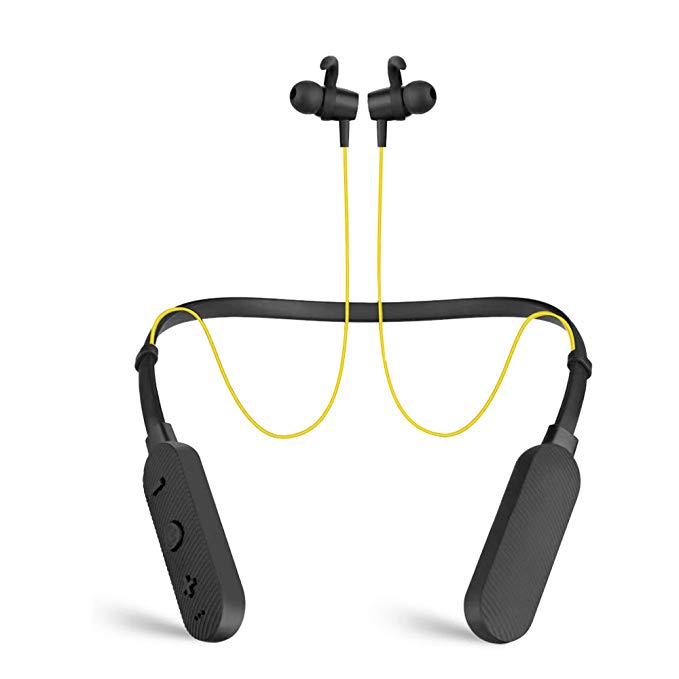 Nu Republic Rebop 2 in-Ear Bluetooth Neckband Earphones with Vibration Notification, 12 hrs Battery Life, Foldable Design, in-Line Controls with Mic-Yellow & Black