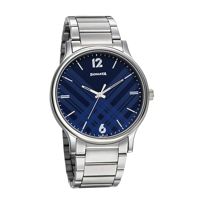 Sonata Smart Plaid Quartz Analog Blue Dial Silver Stainless Steel Strap Watch for Men - NT77105SM01W