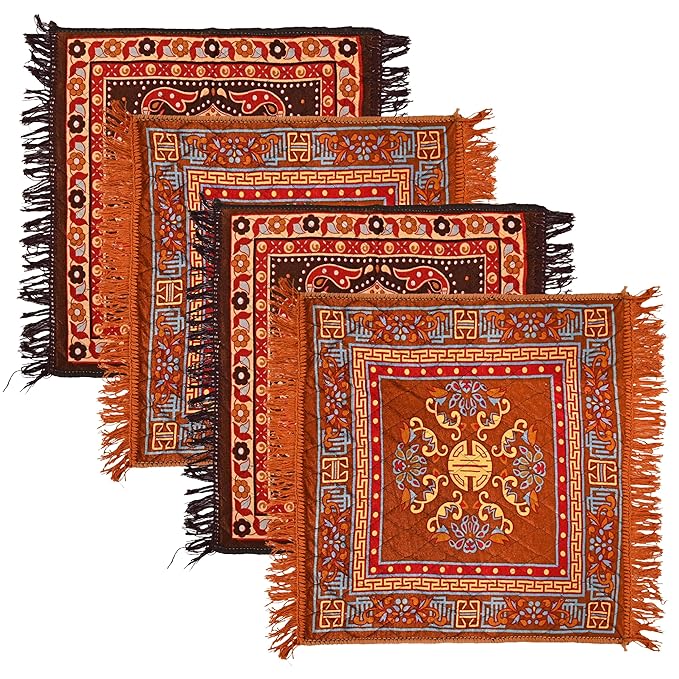 Kuber Industries (Set of 4) Traditional Asana for Puja - Soft Velvet Aasan for Pooja | Prayer | Sitting | Meditation - Small Carpet Mat Rug for Floor - Brown & Gold Color