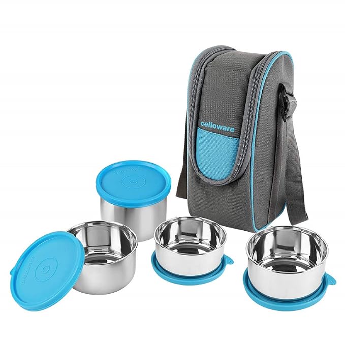 [Apply Coupon] - CELLO Steelox Stainless Steel Lunch Box Set of 4 with Bag (Capacities - 225ml, 375ml x 2, 550ml), Blue | Tiffin Box with Jacket | Leakproof | Easy to Carry | Ideal for Office, School, College
