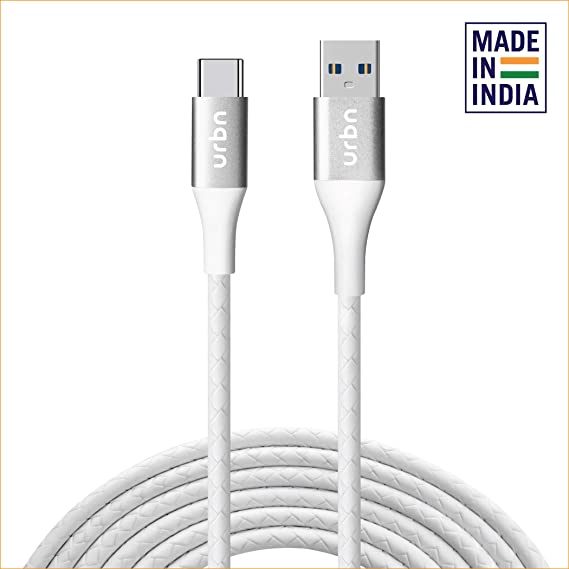 URBN Type-C USB 3 Ampere Fast Charging Data and Sync Cable Extra Tough Quick Charge 18W Compatible for Laptop, Printer, Mobile And Similar Devices (4 Feet/1.2M, White)