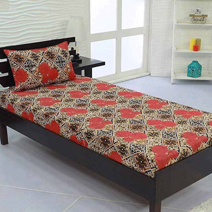 Valito - Microfiber (90 GSM), Single Bedsheet, (235 cm x 140 cm) with Matching Pillow Cover (42 cm x 69 cm) - Floral Motif, Brown