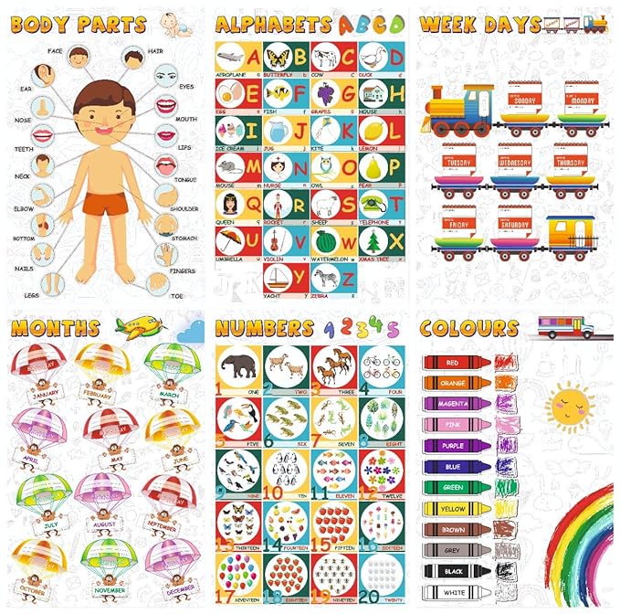 Vantagekart Alphabets, Numbers, Weekdays, Colours, Months, Body Parts Educational Wall Posters/Charts for Preschool Kids, Learning Toy for Toddler- (Paper, 12x18-inch, Multi) - Set of 6