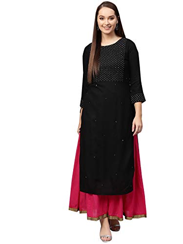 [Size: S] - ishin Women's Viscose Rayon Black Embroidered A-Line Kurta