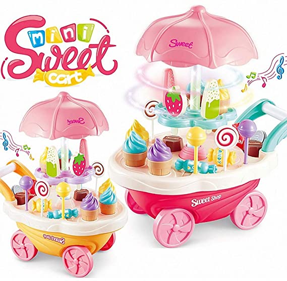 Supreme Deals® Luxury Sweet Shopping Battery Operated Ice Cream Trolley Pretend Roll Plastic Play Set with 360° Rotation, LED Lights and Music Learning and Educational Toy for Kids ( 30 Pieces)